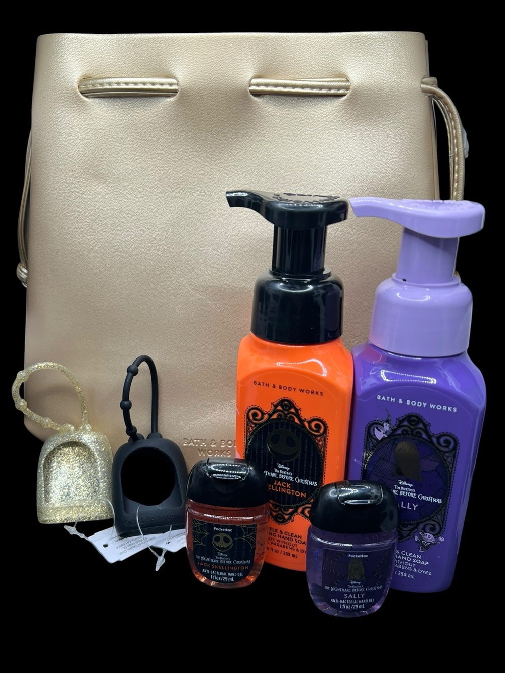 BBW Jack & Sally Gift Set w/ Gold Faux Leather Bag 💜🧡
